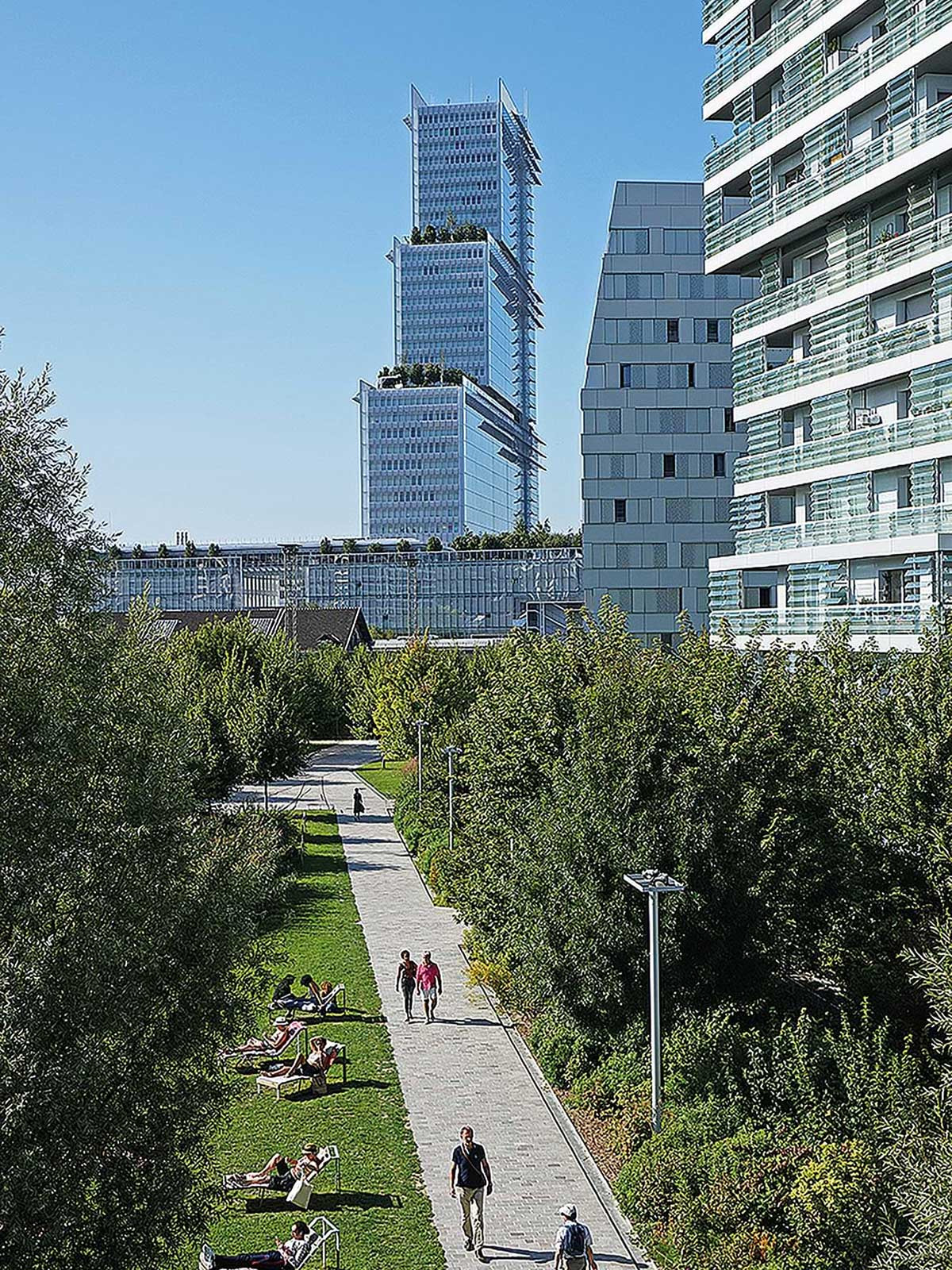 Das Bild zeigt einen gepflasterten Weg, der durch einen Park hin zu einem Hochhaus führt.