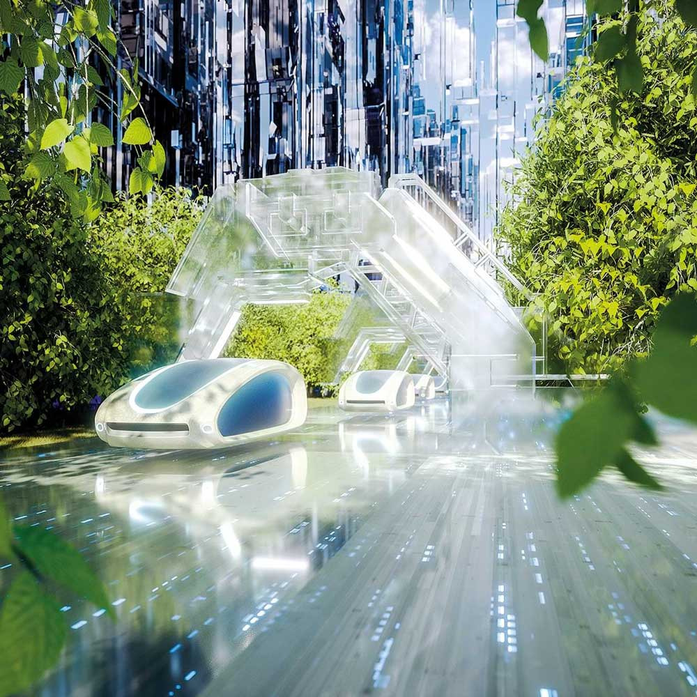 A futuristic illustration of a road on which several cars are travelling. There are light strips on the ground and trees on the sides. A transparent-looking pedestrian bridge crosses the road.